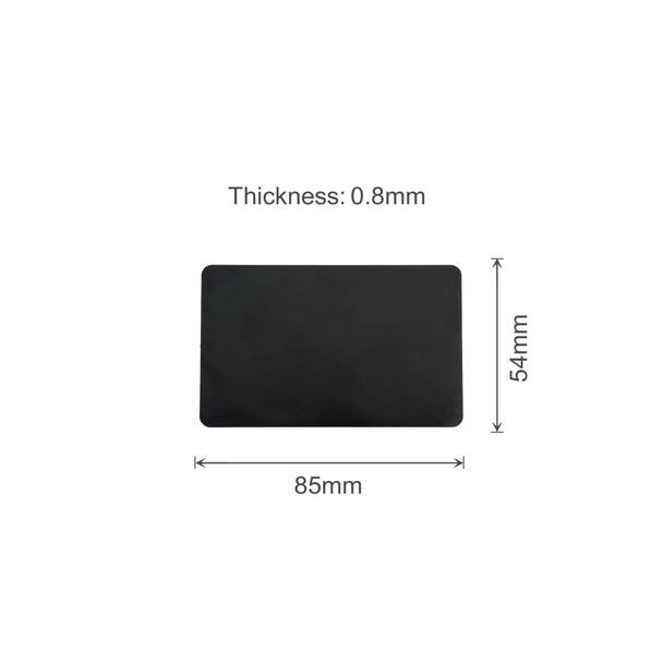 A black metal business card with dimensions of 85mm x 54mm and a thickness of 0.8mm. It features a logo.