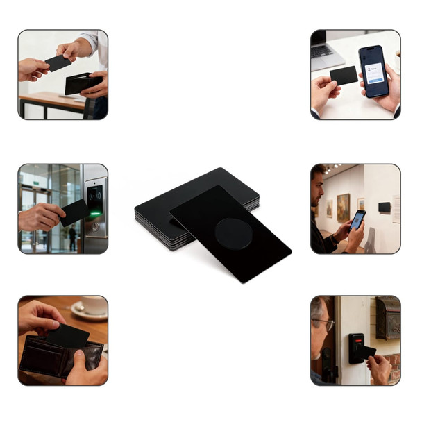 A sleek black metal business card featuring a round NFC chip, displayed in various use scenarios.