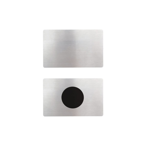 A stainless steel business card with a brushed finish and a circular black NFC section in the centre.