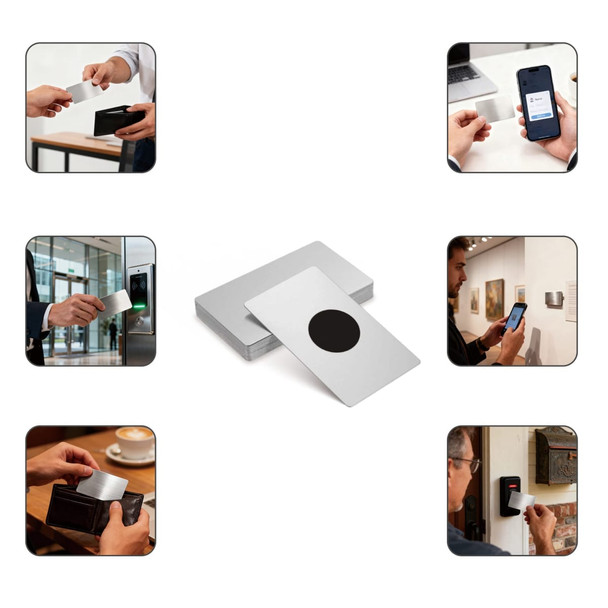 A stainless steel business card with a black circle in the centre, surrounded by various hands and devices interacting with it.