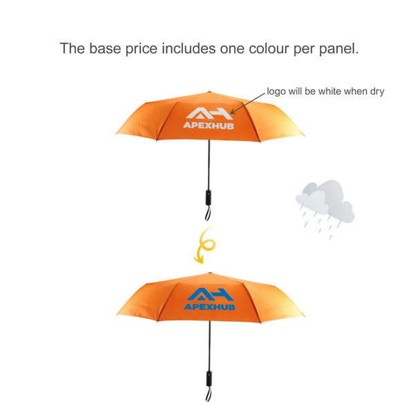 A 23'' orange colour changing umbrella featuring a logo, with a design that shifts when wet.