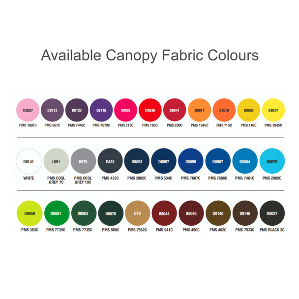A variety of canopy fabric colours for a 23'' colour changing umbrella, featuring shades from pink to brown.