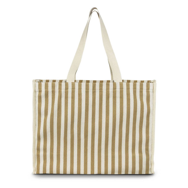 A striped tote bag in cream and brown with sturdy handles and branding on the side.