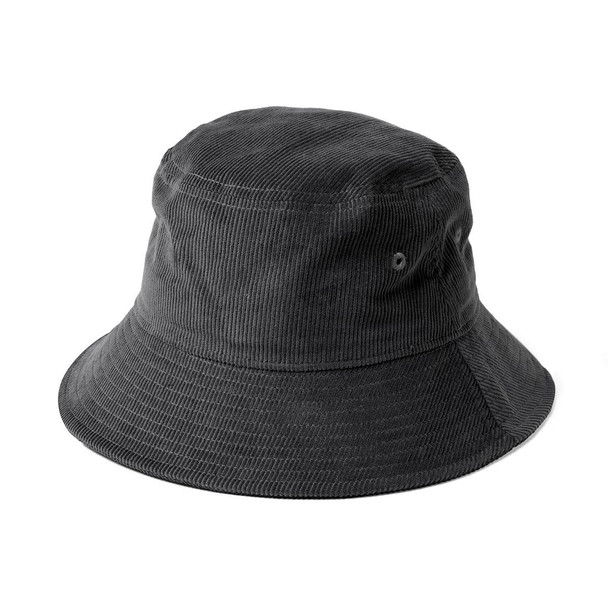 A grey cord bucket hat with a wide brim and an eyelet for ventilation, featuring a logo on the side.