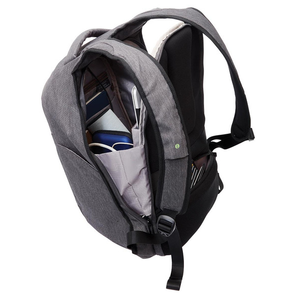 A grey anti-theft backpack with multiple compartments, showcasing organisation for various items inside.