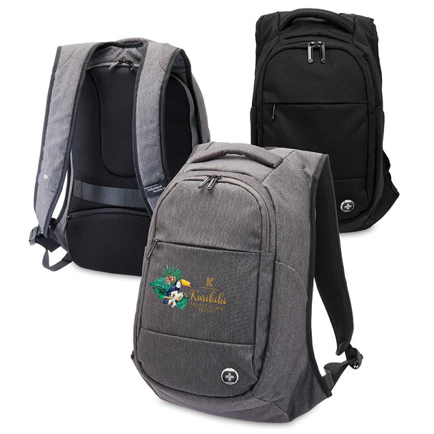 A collection of three Swissdigital Bolt anti-theft backpacks in grey and black, featuring a logo on one.