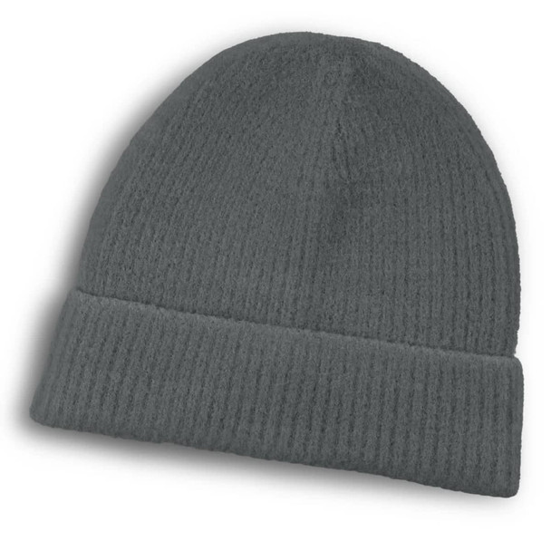 A grey beanie with a textured finish and a folded cuff, featuring a small logo.