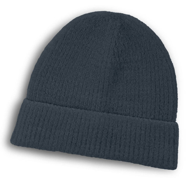 A dark grey brushed beanie for kids with a rolled cuff and a textured design. It has a logo on it.