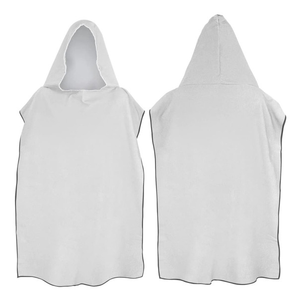 A white adult hooded towel with a grey trim, featuring a large hood and a poncho-style design.