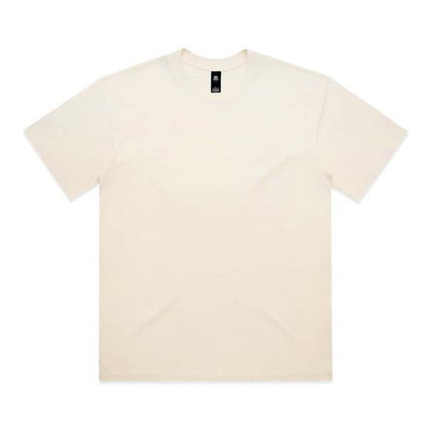 A cream-coloured t-shirt with short sleeves and a logo on the neckline.