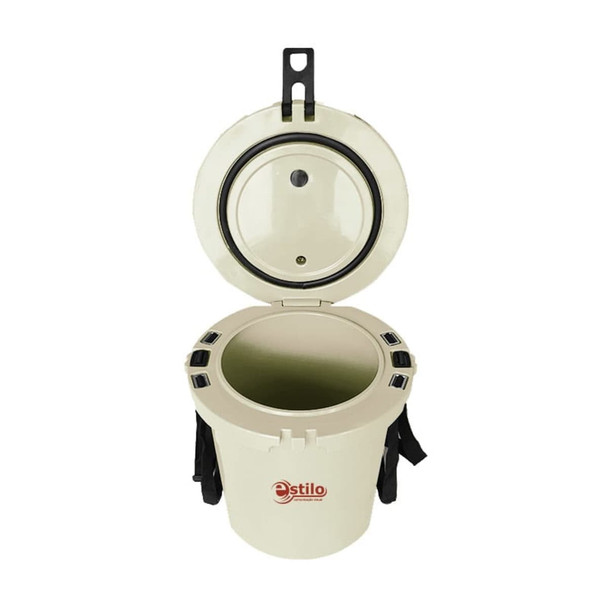 A cream-coloured ice bucket with a lid and a handy rope, featuring a logo and an open design.