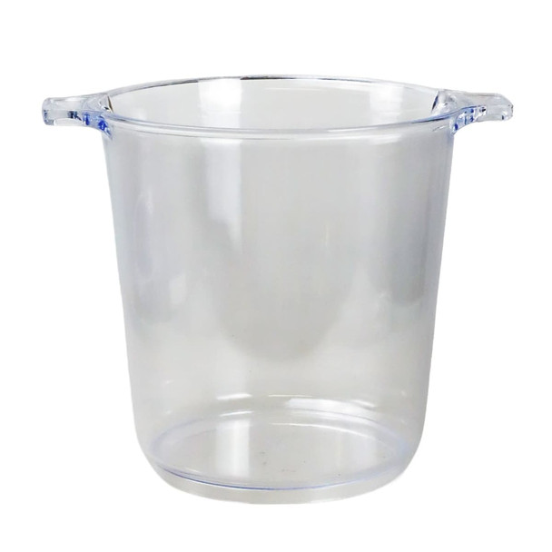 A clear plastic ice bucket with sturdy handles, featuring a smooth, translucent design.