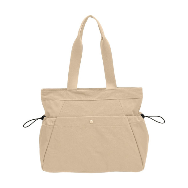 A beige tote bag with yoga mat straps and side pockets. It features two handles and includes a logo.