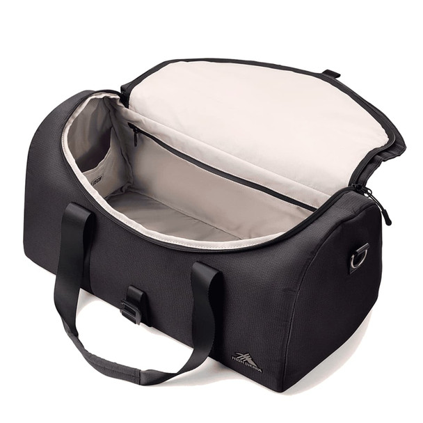 A black duffel bag with a spacious interior and two sturdy handles, featuring a zip closure.