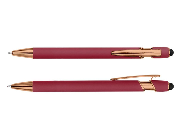 A rose gold stylus pen with a rich burgundy body and a sleek design. Includes a branding logo.