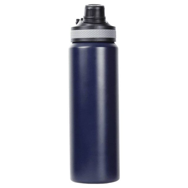 A drink bottle in navy blue with a grey cap and a built-in straw, featuring a logo on the side.
