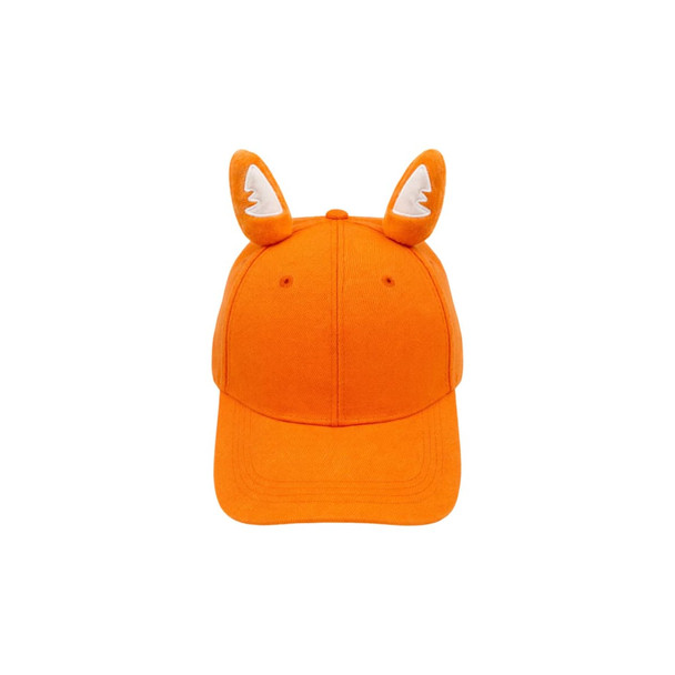 An orange baseball hat with cute animal ears on top and a logo on the side.