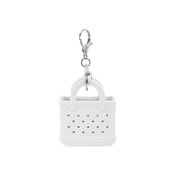 A white mini EVA holes bag keychain with a clip attachment. It features a cute design with perforations.