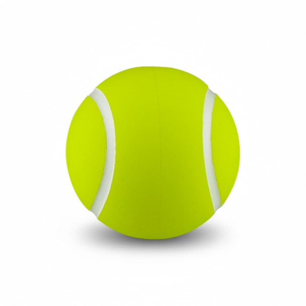 A bright yellow tennis ball featuring white stripes and a smooth surface, with a logo displayed.
