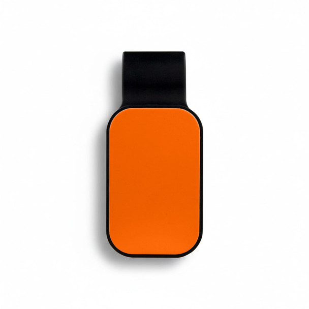 An orange and black car visor sunglass holder with a smooth, rounded design. It features a logo.