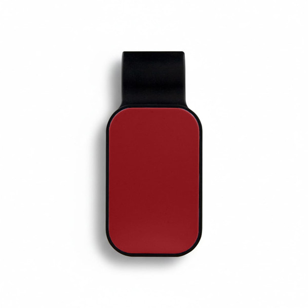 A car visor sunglass holder in red with a black mount. Features a smooth surface and a simple design, includes branding.