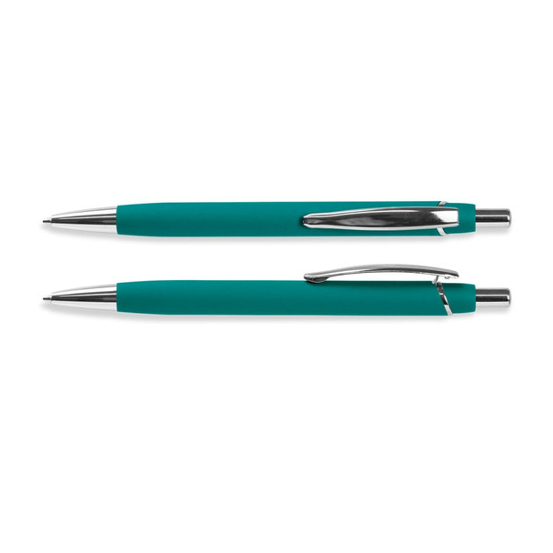 A teal soft-touch pen with a chrome clip and accents, featuring a sleek design.