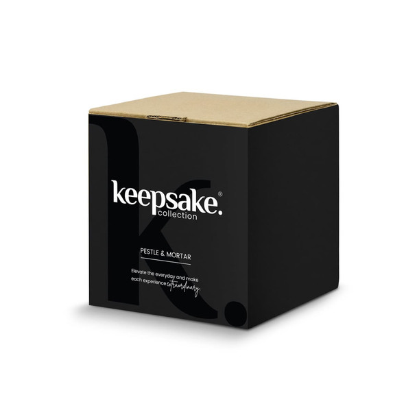 A black box packaging for a Keepsake mortar and pestle set with a logo on the front.