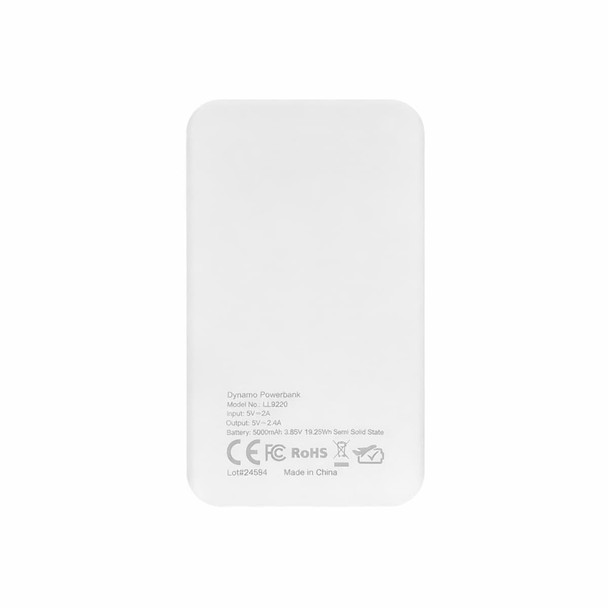 A white power bank with a smooth finish, featuring a logo and specifications printed on one side.