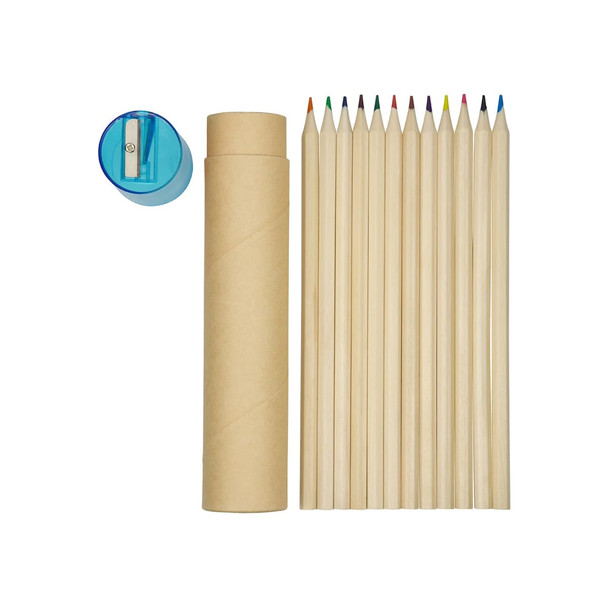 A tube containing long wooden pencils in various colours, alongside a sharpener.