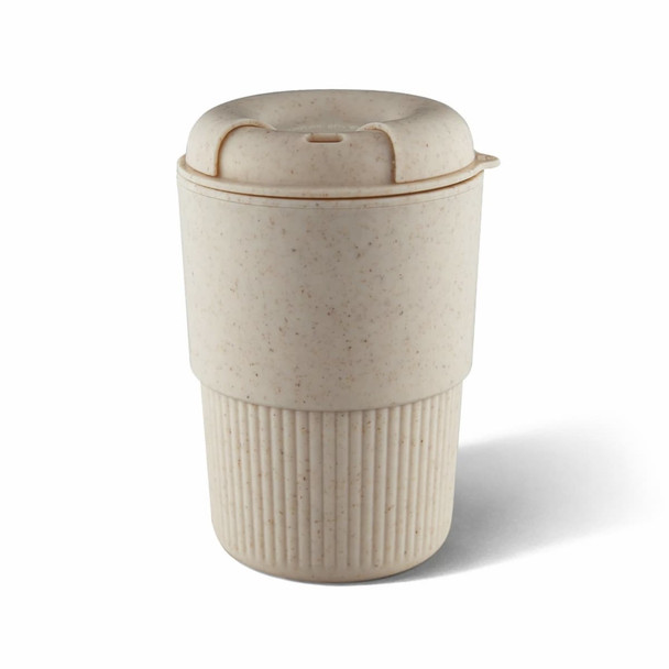 A drink bottle in a beige eco-friendly material with a ribbed base and a lid, featuring a logo.