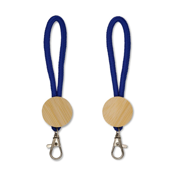 Two keytags with a round wooden disc and a navy blue fabric strap, featuring a metal clip for attachment.