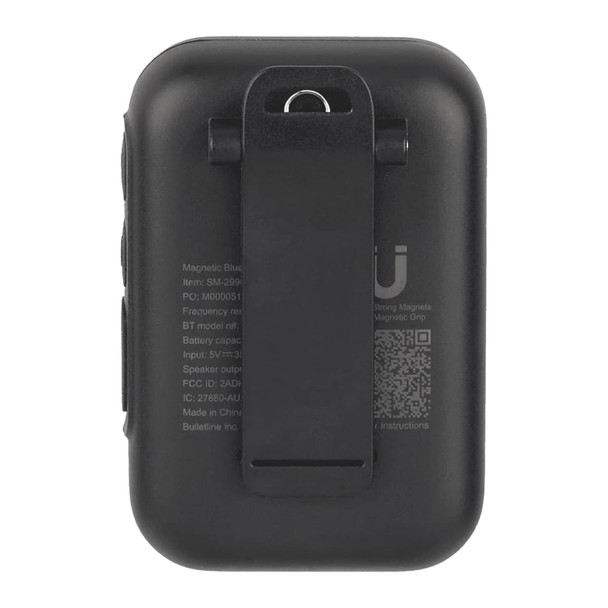 A compact black Bluetooth speaker featuring a magnetic clip on the back for attachment and a logo on the side.