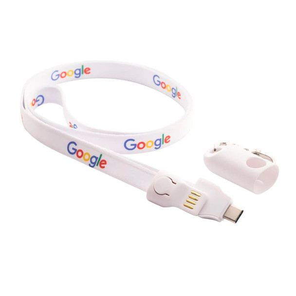 A white polyester lanyard with a branding logo, featuring a detachable charging cable in USB-C format.