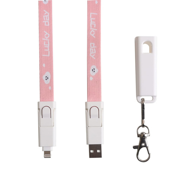 A pink polyester lanyard charging cable featuring USB and Lightning connectors, with a clip and a branding logo.
