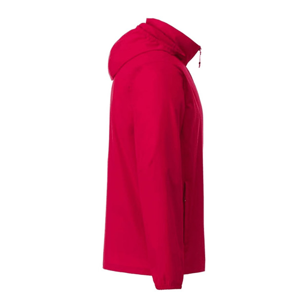 A red packable jacket with a hood, featuring a side view and a logo. Ideal for rain protection.