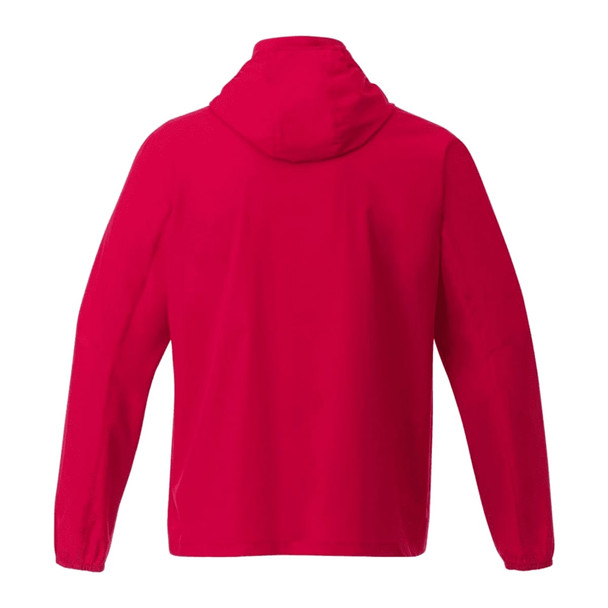 A packable rain jacket in vibrant red, featuring a hood and long sleeves, with a logo on the back.