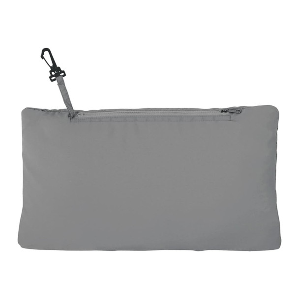 A grey men's packable jacket, folded and stored with a zip closure and a clip for attachment.