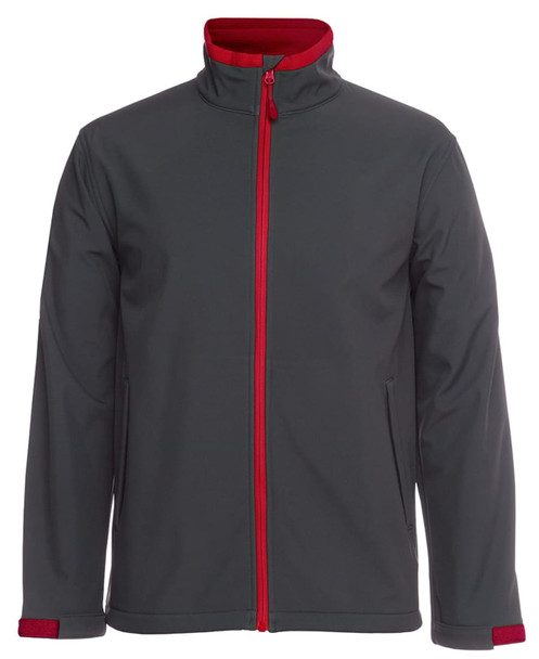 A soft shell jacket featuring a grey outer with a red zip and inner lining. It has a logo on one side.
