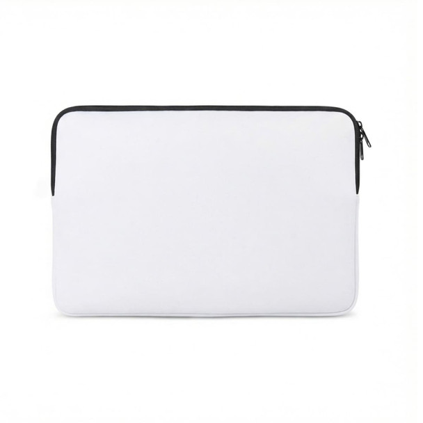A white laptop sleeve with a black zip and a simple, sleek design. It features a logo on the surface.