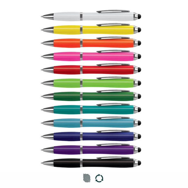 A collection of Vistro Stylus Pens in various colours, featuring a sleek design and chrome accents.