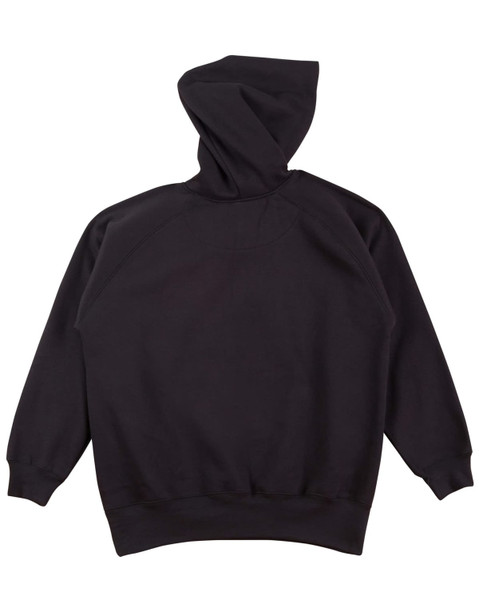 A black kids' fleece hoodie with a hood and raglan sleeves, featuring a plain back and ribbed cuffs.