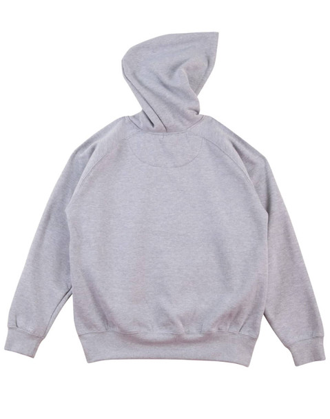 A grey kids' fleece hoodie with a kangaroo pocket and a hood. It has a simple design and includes a logo.