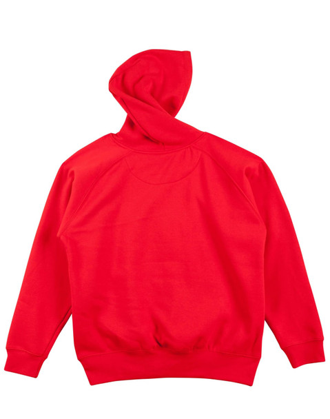 A red kids' fleece hoodie featuring a kangaroo pocket and a hood, with a logo on the front.