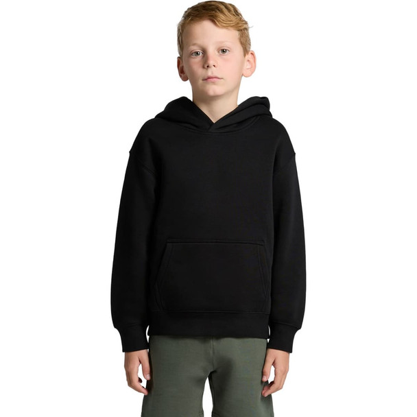 A black youth hoodie with a front pocket and a drawstring hood, worn by a child. The hoodie has a logo.