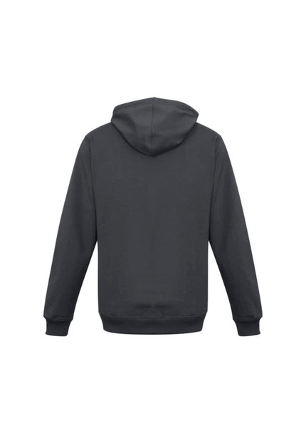 A dark grey men's crew hoodie with a hood and long sleeves, featuring a logo on the back.