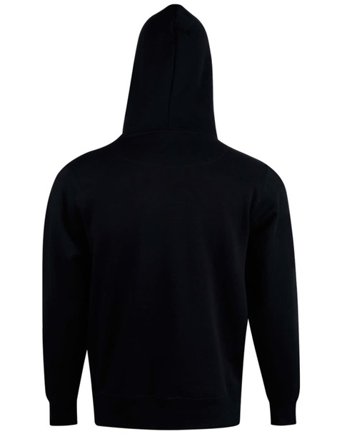 A kids' hoodie in black with a hood, featuring a simple design and a logo on the back.