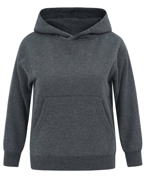 A grey kids' hoodie with a front pocket and hood, featuring a logo. Suitable for casual wear.