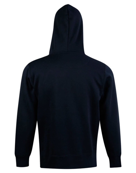 A black fleece hoodie with a close front and a hood, featuring a plain design and a logo.