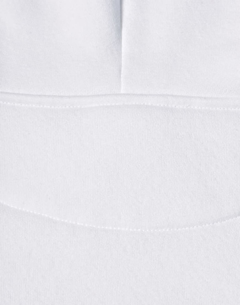 A white fleece hoodie featuring a close front design and contrast detailing. The fabric appears soft and comfortable.