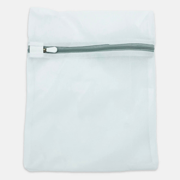 A white mesh laundry bag with a zip closure and a simple design, featuring a logo on the front.